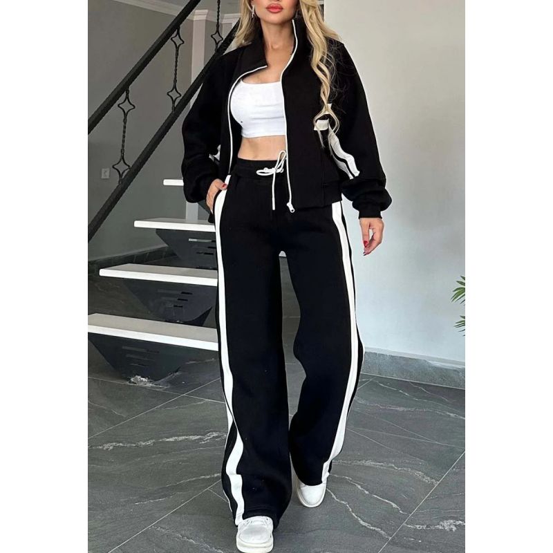 🎁Zweiteiler für Damen:✨ Gestreifte Jacke mit Reißverschluss und Freizeithose🌸