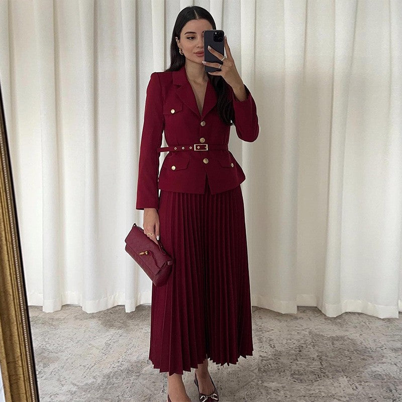 🎄✨Weihnachts-Specials 49% RABATT🎄Zweiteiliges Set aus Reversblazer und Faltenrock für Damen 👗(mit Gürtel)