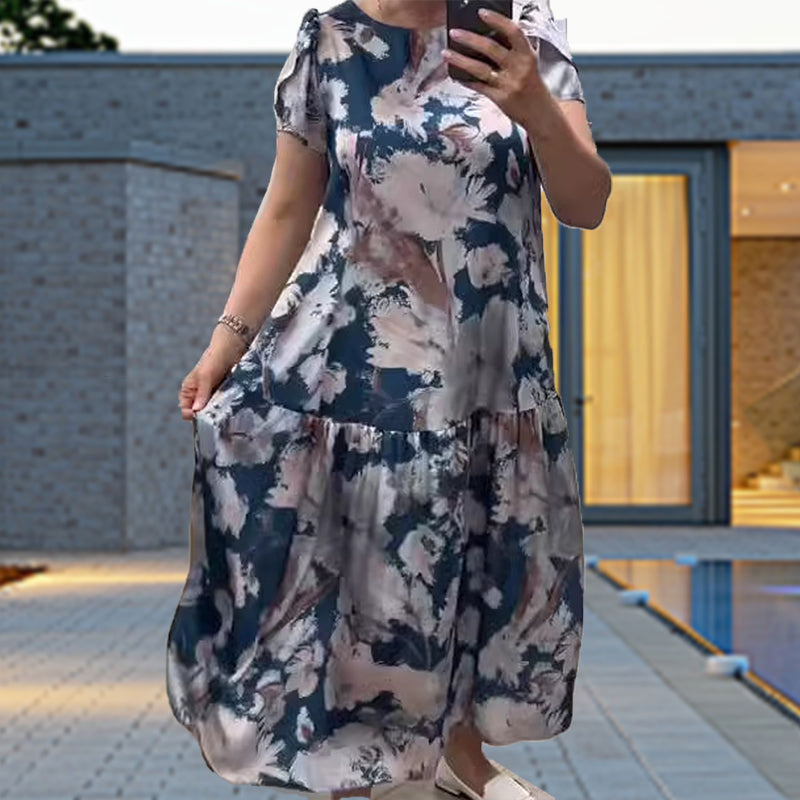 đ¸Lose Rundhalsausschnitt Kurzärmliges Kleid mit Blumenmuster