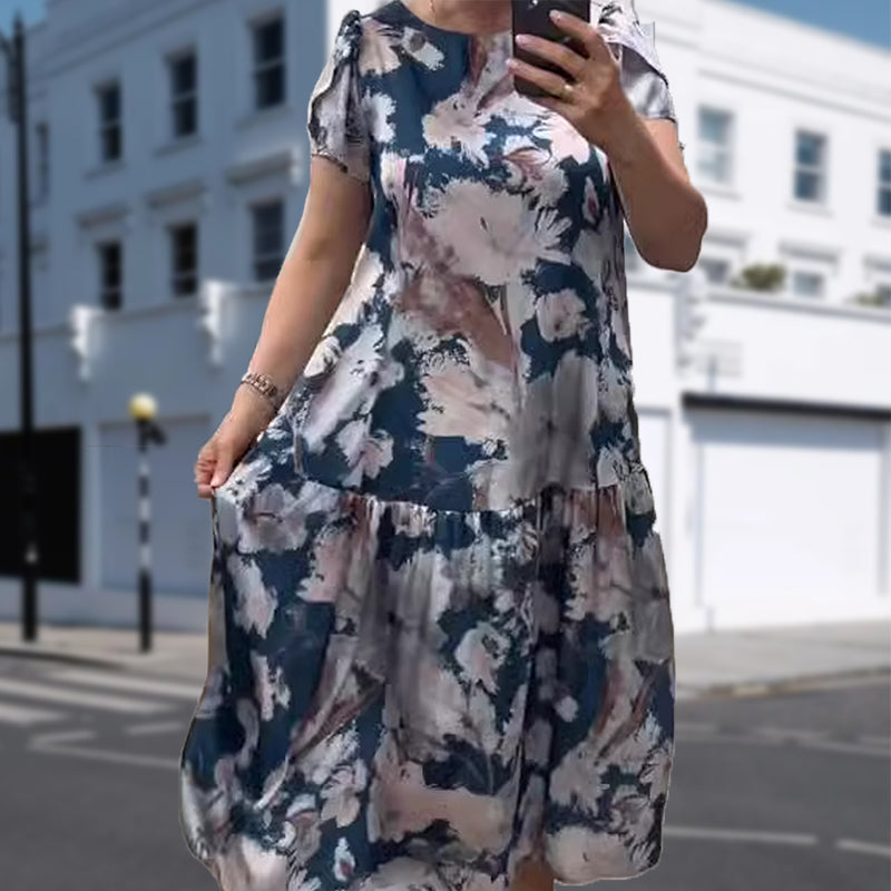 đ¸Lose Rundhalsausschnitt Kurzärmliges Kleid mit Blumenmuster