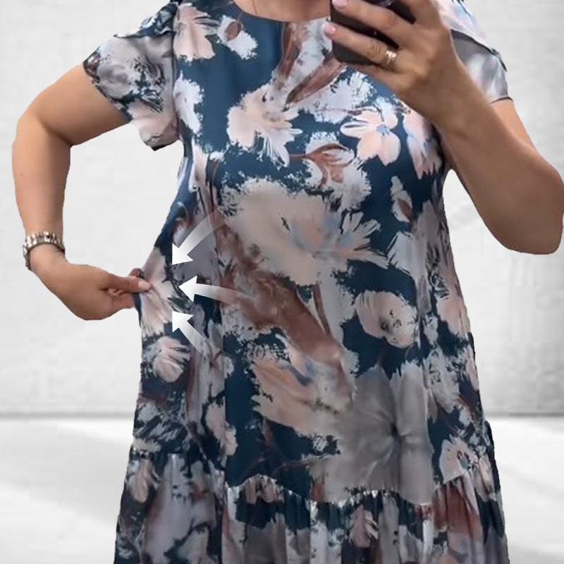 đ¸Lose Rundhalsausschnitt Kurzärmliges Kleid mit Blumenmuster