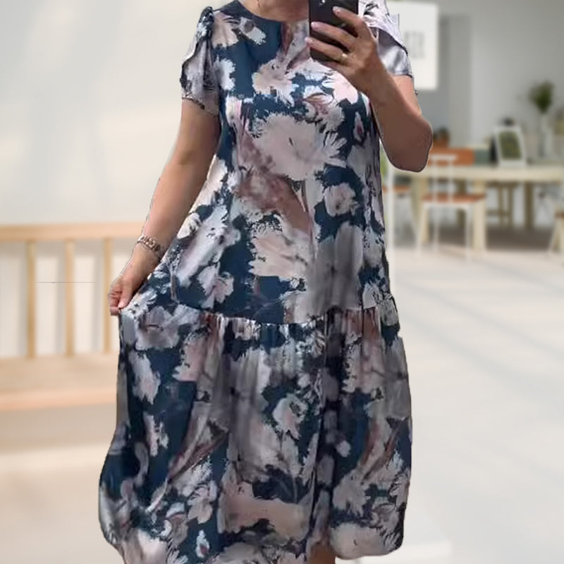 đ¸Lose Rundhalsausschnitt Kurzärmliges Kleid mit Blumenmuster