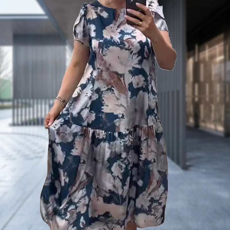đ¸Lose Rundhalsausschnitt Kurzärmliges Kleid mit Blumenmuster