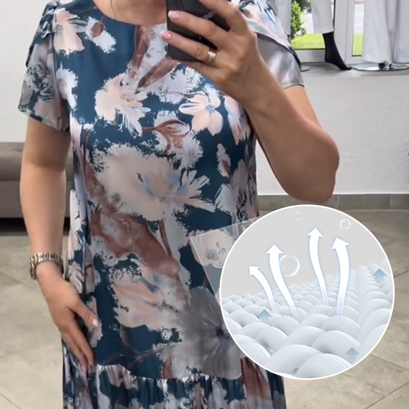 đ¸Lose Rundhalsausschnitt Kurzärmliges Kleid mit Blumenmuster