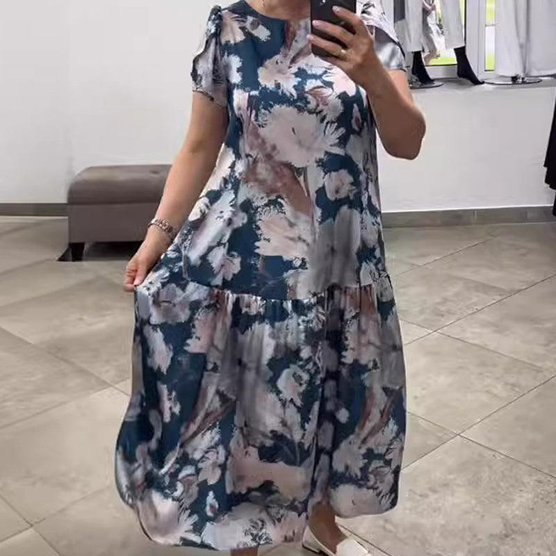 đ¸Lose Rundhalsausschnitt Kurzärmliges Kleid mit Blumenmuster