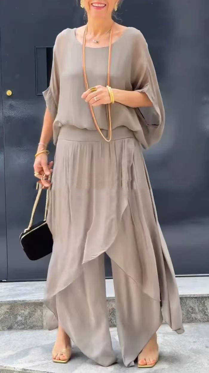 ⏳Begrenzte Zeit 50% Rabatt💥2-teiliges Set aus Chiffon mit lockerem Oberteil und weiten Schlitzhosen