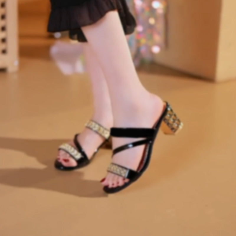 👡50 % Rabatt auf die schönsten Sandalen👡Damen Sandalen mit Strass-Verzierung und Blockabsatz