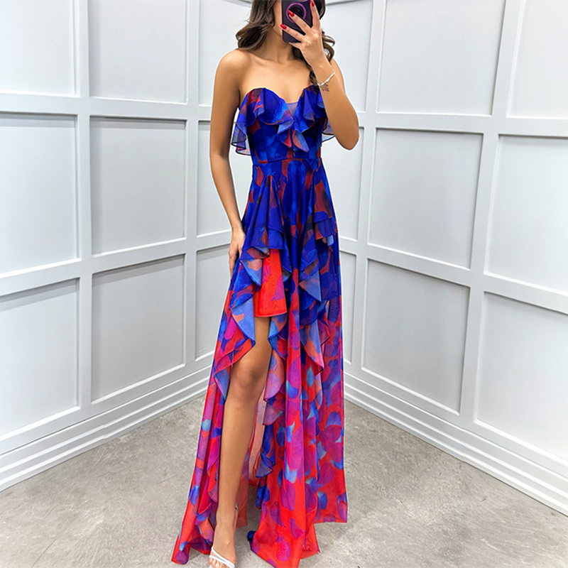 ⏳Time-limited Special⏰Women's Fashion Printed Mesh Sheath Split Dresses👗