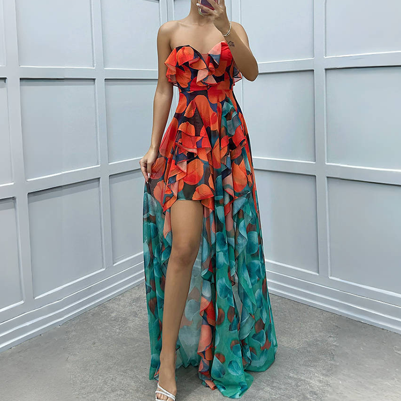 ⏳Time-limited Special⏰Women's Fashion Printed Mesh Sheath Split Dresses👗