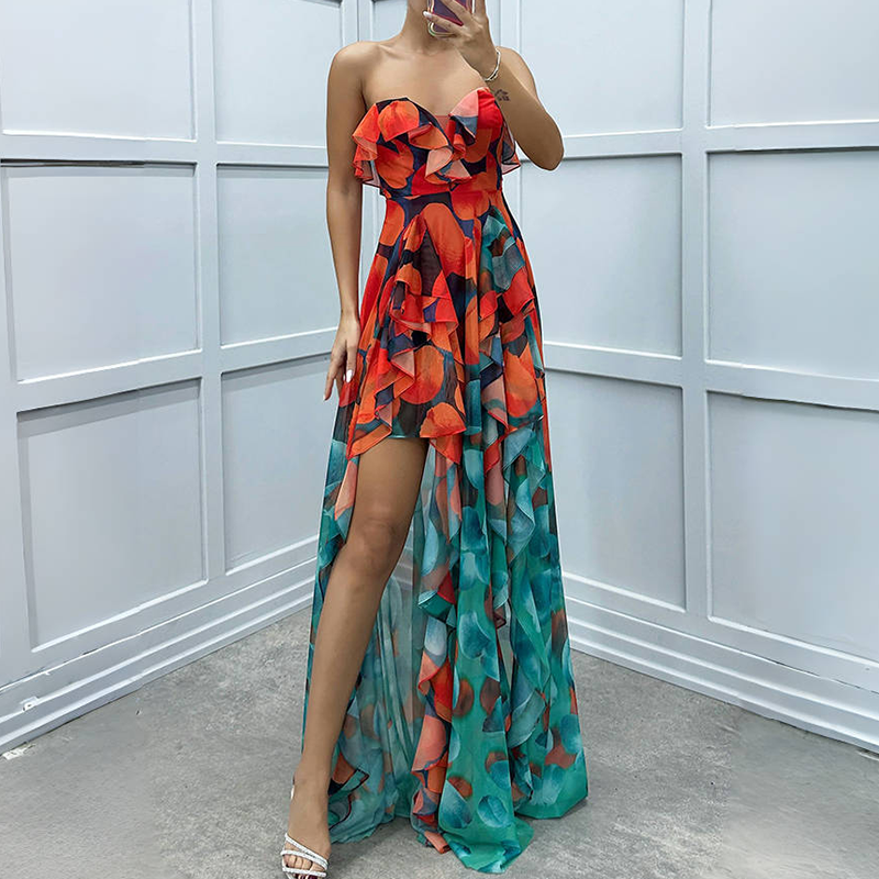 ⏳Time-limited Special⏰Women's Fashion Printed Mesh Sheath Split Dresses👗