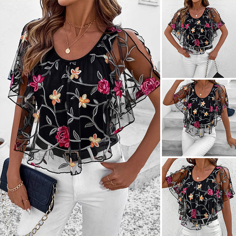 Women's Printed Mesh Patchwork Top