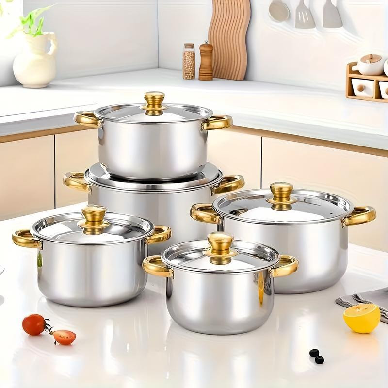 🍳 56% RABATT! 🔥 5-teiliges Kochset – Robuster Edelstahl, Glasdeckel & Elegante Gold-Akzente für Eine Stilvolle Küche ✨