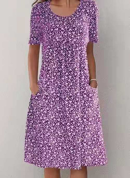 💝HEIßER VERKAUF💝Lässiges Baumwollkleid mit U-Ausschnitt und Blumenmuster für Damen (8 Farben mit Taschen)