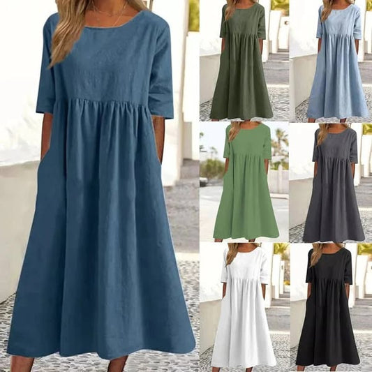☀️2025 frühsommer neu 👗Baumwollkleid mit Rundhalsausschnitt und Tasche - Kauf 2 kostenloser Versand