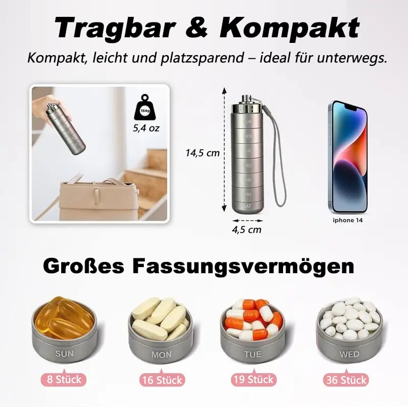 🔥🎁Neu: 50 % RABATT🔥Tragbare, wasserdichte Pillendose aus Aluminium für 7 Tage