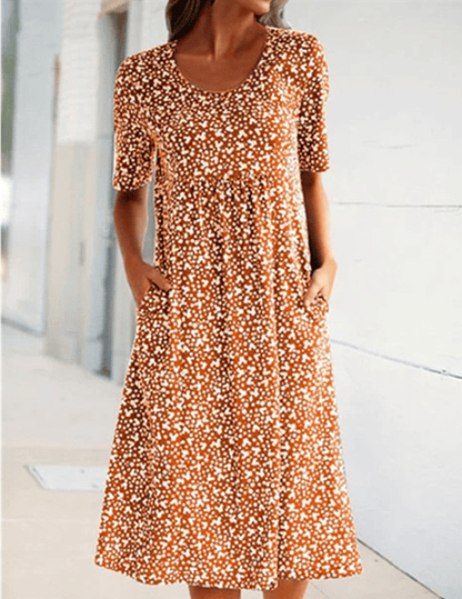 💝HEIßER VERKAUF💝Lässiges Baumwollkleid mit U-Ausschnitt und Blumenmuster für Damen (8 Farben mit Taschen)