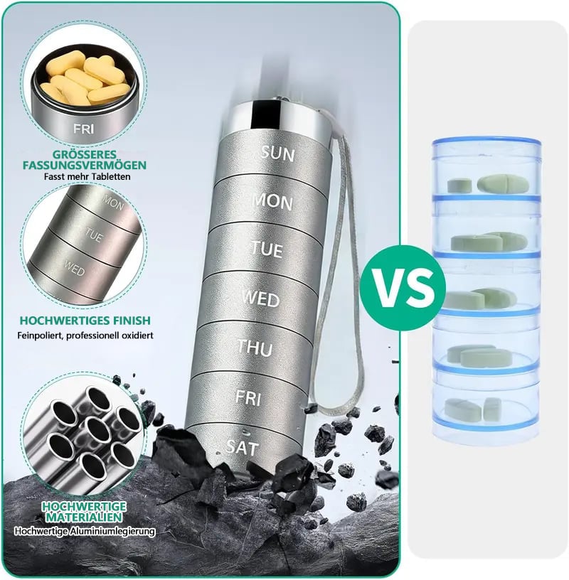 🔥🎁Neu: 50 % RABATT🔥Tragbare, wasserdichte Pillendose aus Aluminium für 7 Tage