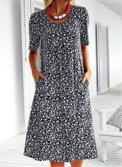 💝HEIßER VERKAUF💝Lässiges Baumwollkleid mit U-Ausschnitt und Blumenmuster für Damen (8 Farben mit Taschen)