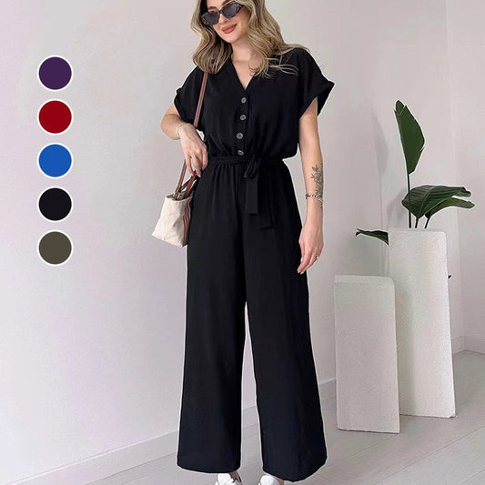 Lässiger Jumpsuit mit V-Ausschnitt und kurzen Ärmeln für Damen