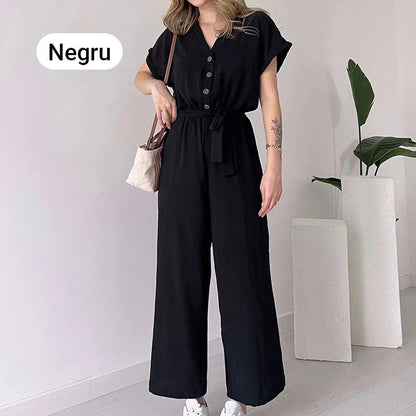 Lässiger Jumpsuit mit V-Ausschnitt und kurzen Ärmeln für Damen