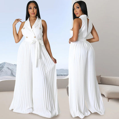 60%Rabatte✨Modische Outfits zum Pendeln ✨Plissierter Jumpsuit mit V-Ausschnitt und weitem Bein