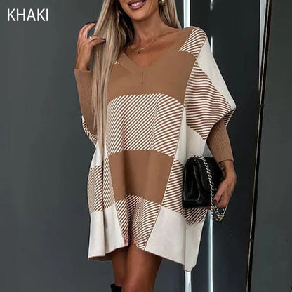 🏖️💕Lässiger Pullover mit kariertem Umhang und Farbblock