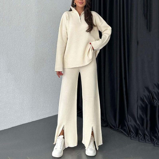 🍂Frühherbst-Special 59 % Rabatt💕Gemütliches zweiteiliges Set aus Rippstrick für Damen mit Hose mit geschlitztem Bein