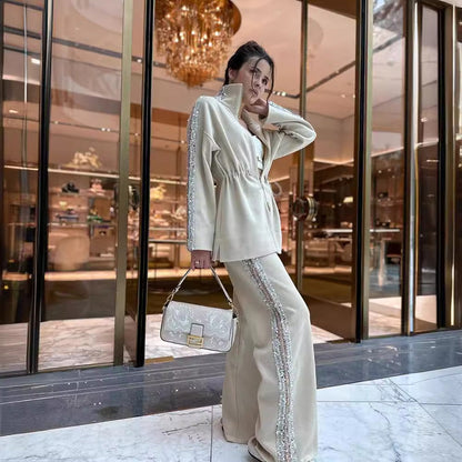 🎁Perfektes Geschenk💖Elegantes Oberteil mit Paillettenbesatz und weit geschnittene Hose für Damen