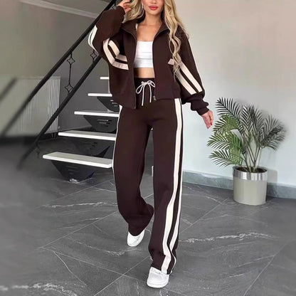 🎁Zweiteiler für Damen:✨ Gestreifte Jacke mit Reißverschluss und Freizeithose🌸
