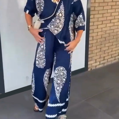 Women's V-Neck Top and Wide-Leg Pants Set