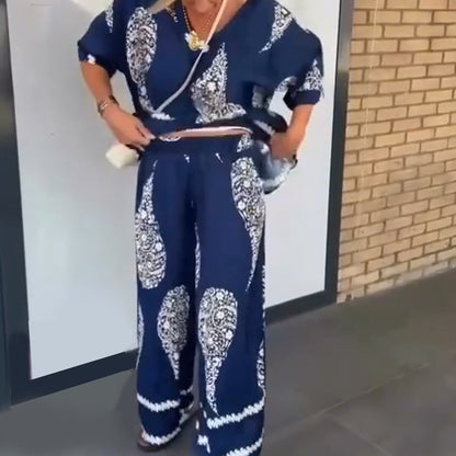 Women's V-Neck Top and Wide-Leg Pants Set