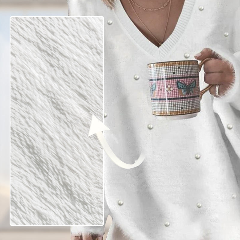🌸Oversize-Pullover mit V-Ausschnitt, langen Ärmeln und Perlenverzierung – flauschiges Oberteil