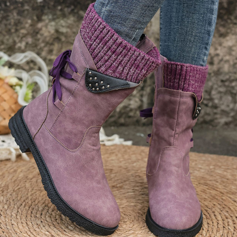 Women’s Elegant Mid-Calf Boots With Cozy Knitted Cuff