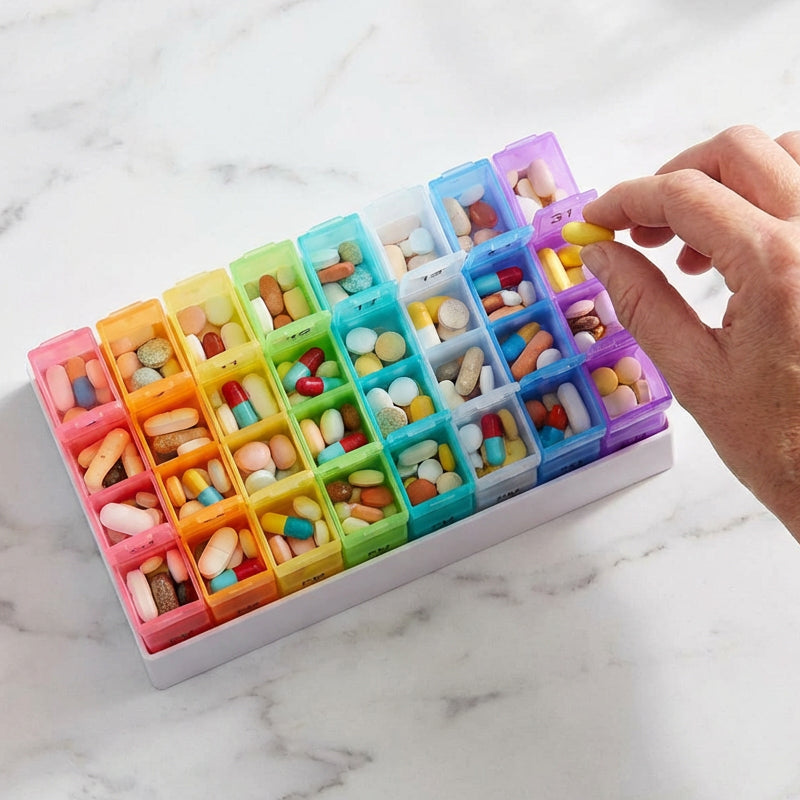 💊📅 Tragbarer 31-Tage-Monats-Pillenorganizer ✨💪 – Ideal für Reisen & Alltag, rutschfeste Tabletten-Box mit Datumsanzeige, kompakte Medikamentenaufbewahrung für Ihre Gesundheit
