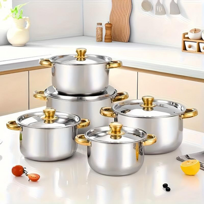 🍳 56% RABATT! 🔥 5-teiliges Kochset – Robuster Edelstahl, Glasdeckel & Elegante Gold-Akzente für Eine Stilvolle Küche ✨