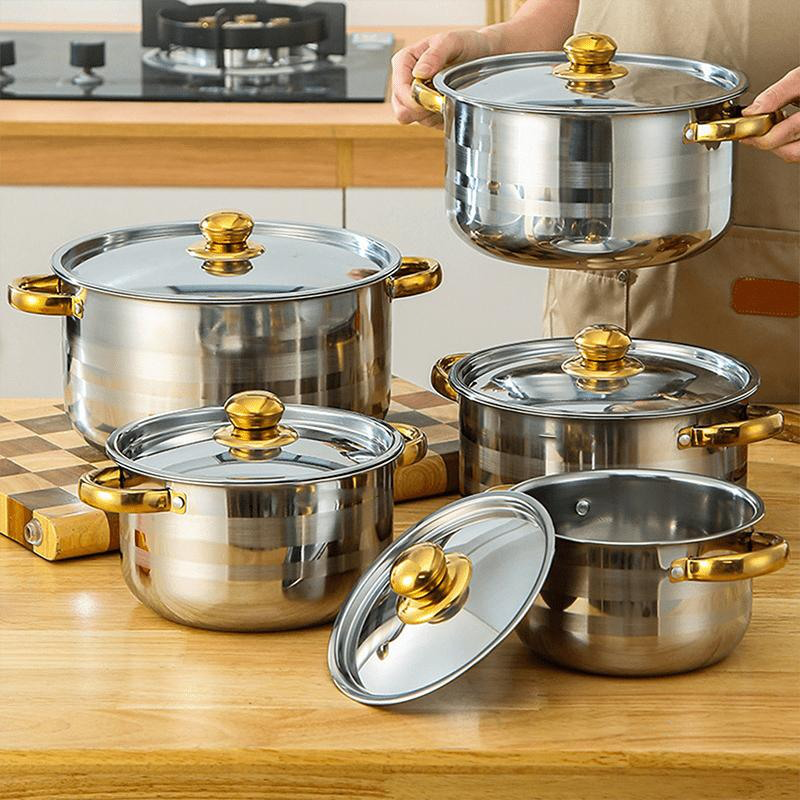 🍳 56% RABATT! 🔥 5-teiliges Kochset – Robuster Edelstahl, Glasdeckel & Elegante Gold-Akzente für Eine Stilvolle Küche ✨